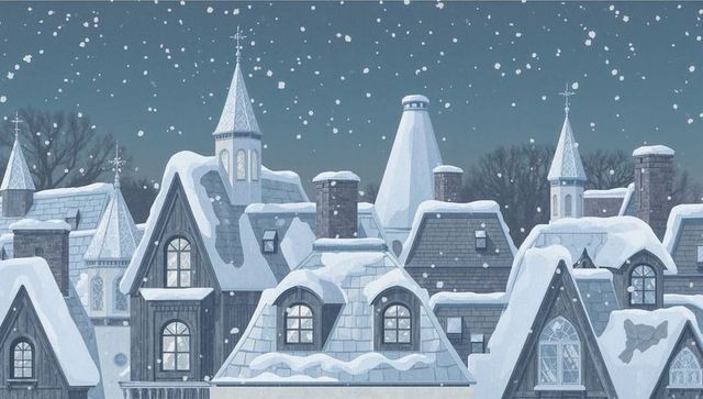 Snow-covered gabled rooftops, turrets and dormers in historic village night with falling snowflakes