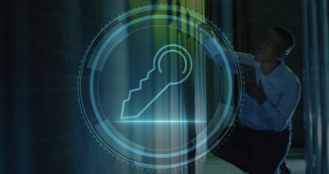 Cybersecurity Engineer Managing Server Room with Digital Key Icon