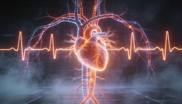 Glowing holographic heart with ecg waveform and vascular network in futuristic lab