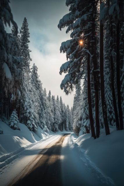 Serene winter scene with a snow-covered road winding through a forest at sunset. Tall, majestic trees line the road, their branches heavy with snow. Sunlight filters through the trees, casting long shadows on the road. Ideal for use in winter and nature-themed projects, travel brochures, outdoor adventure content, or inspirational backgrounds.