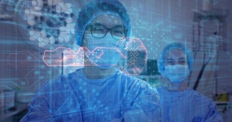 Surgeon Leading Team Presenting Holographic Key Representing Healthcare Cybersecurity