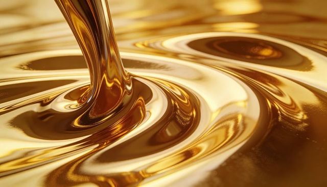 Flowing liquid gold pouring into glossy ripples macro metallic texture specular glints