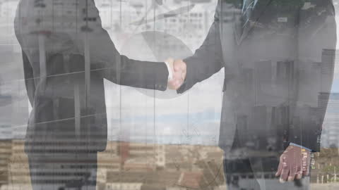 Business Professionals Shaking Hands with Digital Overlay