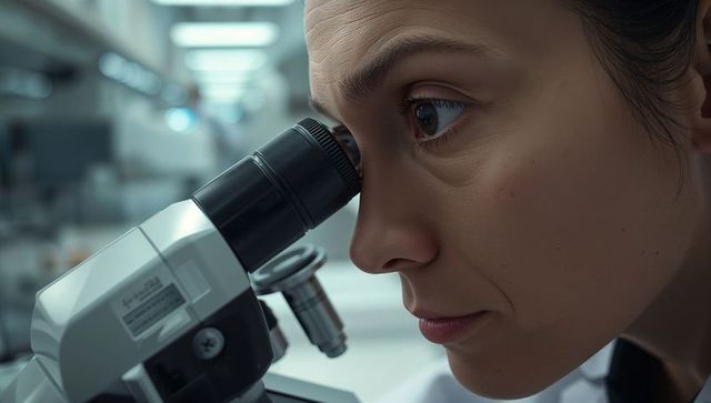 Female scientist peering through microscope closeup in clinical laboratory examining sample