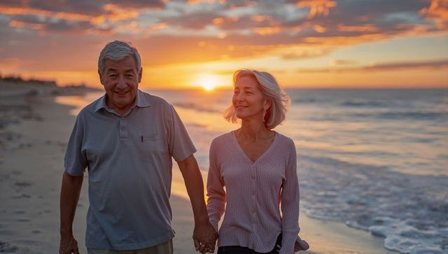 Senior couple walking hand in hand on beach at sunset with footprints and golden light