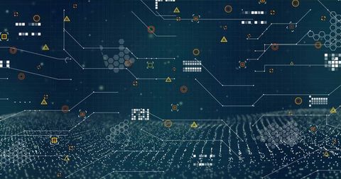 Futuristic Cyber Network Grid with Holographic Nodes, Honeycomb Circuits and Particle Wave