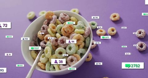 Pastel cereal rings in white bowl with social media notification badges on purple matte