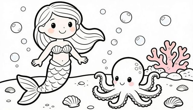 Whimsical cute mermaid and friendly octopus line art coloring page for kids