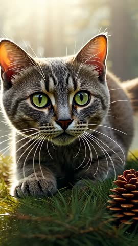 Vertical video of gray tabby inching through pine needles toward camera, rimmed sunbeams and bokeh