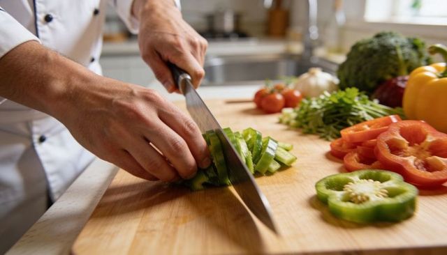Chef slicing green bell pepper on wooden board with colorful vegetables in kitchen