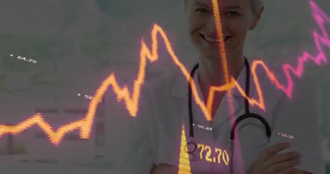 Female Doctor with Stethoscope Analyzing Dynamic Medical Data