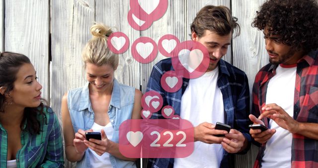 Image of digital interface with social media love heart icons over group of male and female using smartphones and talking. Global digital social media network digitally generated image.