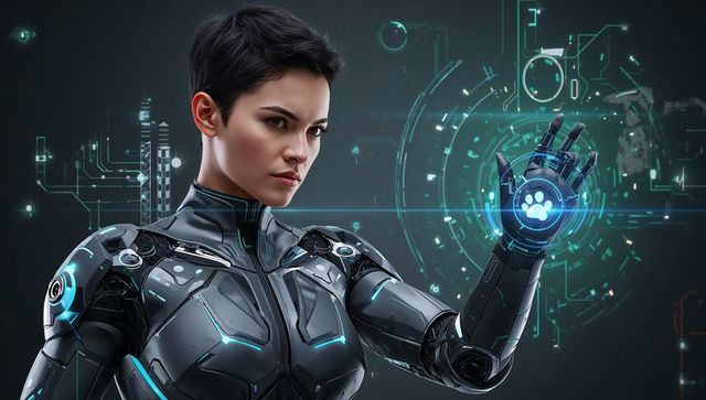 Asian woman cyborg in tactical exosuit projecting blue holographic paw interface