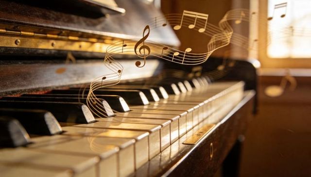 Vintage upright piano keyboard showing worn white and black keys with floating music notes