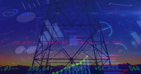 High Voltage Tower with Financial Data Visuals at Sunset - Download Free Stock Images Pikwizard.com