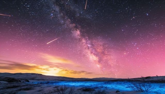 Milky way galactic core rising over snowfield with meteors and neon blue foreground