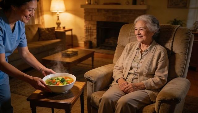 Caregiver handing steaming bowl of soup to smiling senior woman in cozy living room