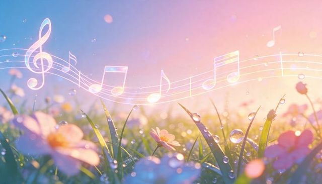Dew-kissed wildflowers with floating musical staff and notes, sunrise pastel dreamscape