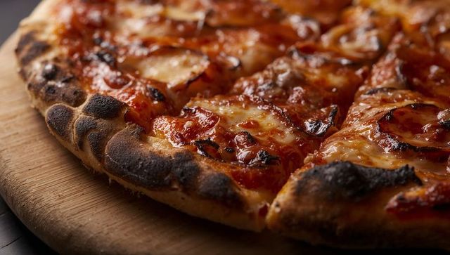 Rustic wood-fired pepperoni pizza with charred crust and melted mozzarella on wooden board