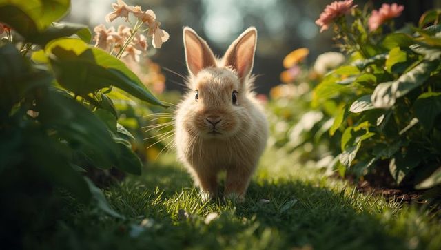 Fluffy tan rabbit exploring narrow grassy path through flower beds in golden hour