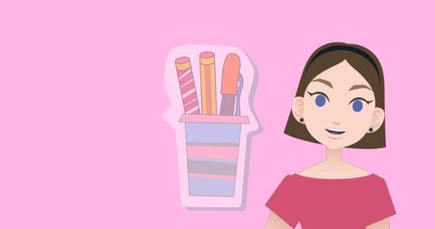 Cartoon woman explaining over pens illustration on pink background