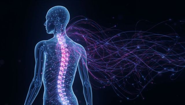 Translucent Human Torso with Glowing Spine and Neural Streams Connecting to Digital Data
