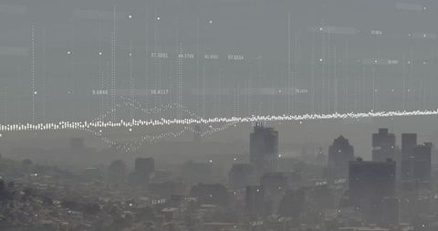 Digital Data Waves Superimposed on Hazy Urban Skyline