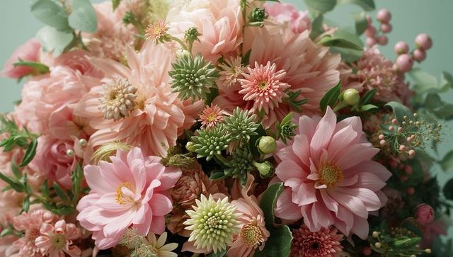 Vibrant bouquet of pink dahlias against mint green background