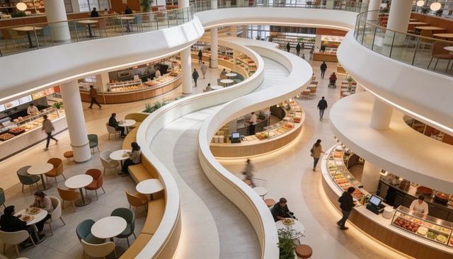 S-shaped curving ramp guiding diners through modern multi-level food hall atrium