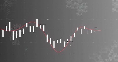 Candlestick Trough and Recovery on Monochrome Analytics Dashboard with Red Trend Line