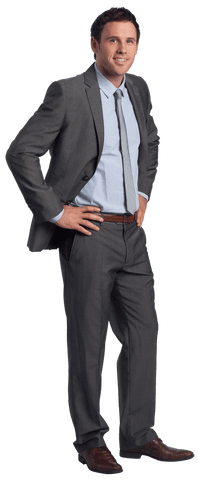 Confident Businessman in Gray Suit Hands on Hips Positioned in Transparent