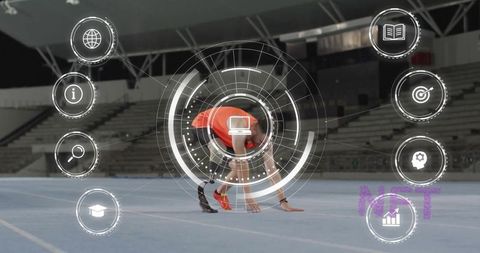 Athlete Preparing for Sprint Featuring Futuristic HUD Graphics