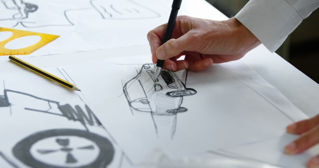 A close-up view of a person's hand sketching a concept car design on paper, with copy space. Precision and creativity are evident as the designer brings an automotive idea to life through artistry and vision.
