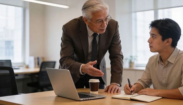 Senior manager mentoring junior colleague with laptop and notebook in modern workspace