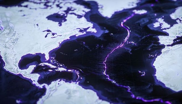 3D Topographic Map Highlighting Mid-Atlantic Ridge with Neon Rift Trace and Coastal Nodes