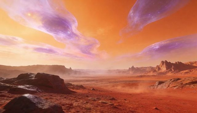 Mars-like red desert landscape with drifting purple aurora and rocky outcrops