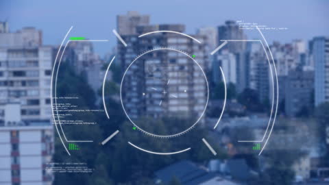 HUD Display Scanning Urban Skyline Illustrating Digital Connectivity