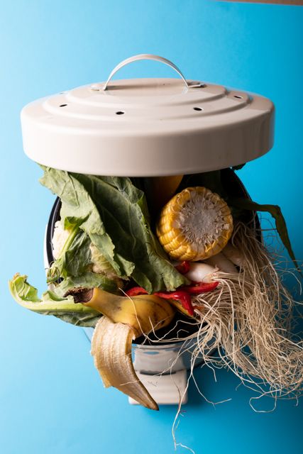 Close-up view of various food waste items, including a banana peel and corn cob, inside a garbage can against a blue background. Ideal for use in articles or campaigns related to recycling, composting, environmental conservation, and sustainable living. Can also be used in educational materials about waste management and eco-friendly practices.