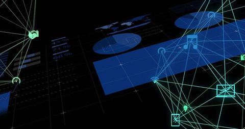 Connecting cyber network visualization with neon nodes and device icons on dark dashboard