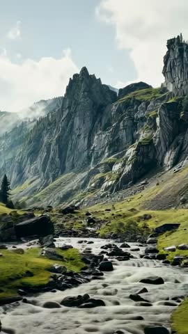 Vertical alpine river video tilting down over tumbling rapids, rugged cliffs and valley