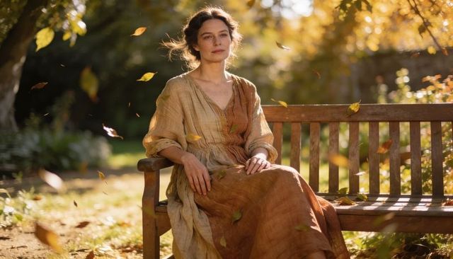 Woman sitting on wooden bench in sunlit autumn garden wearing earthy linen dress