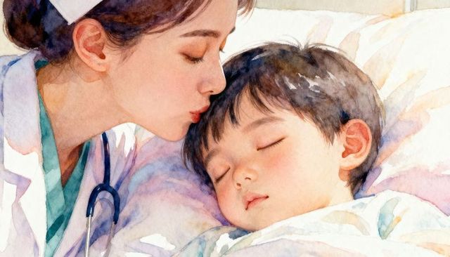 Nurse kissing sleeping child in hospital bed tender pediatric care watercolor