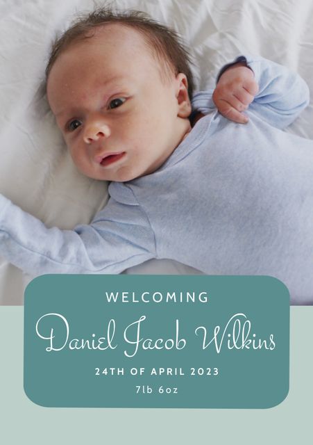 Newborn baby boy lying on a bed, wearing blue clothes, and gazing away. The birth announcement text details 'Welcoming Daniel Jacob Wilkins', his birthdate, weight, and other specifics. Perfect for baby announcements, family newsletters, and celebrating the arrival of a new family member.