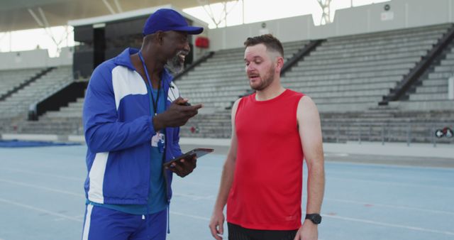 African american male coach and caucasian athlete talking during training session. professional runner training at sports stadium.