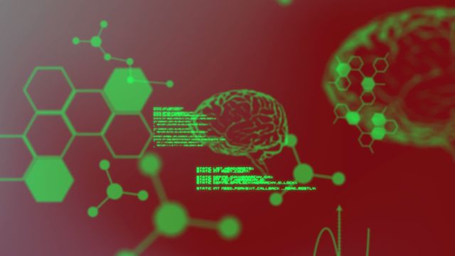 This illustration features medical data and a brain diagram processed against a red gradient background, indicating themes of science and technology. Useful for presentations, educational materials about medical research, health technology advertisements, and biotechnology-themed content.