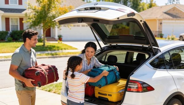 Smiling family packing suv for road trip loading luggage into trunk parents helping daughter