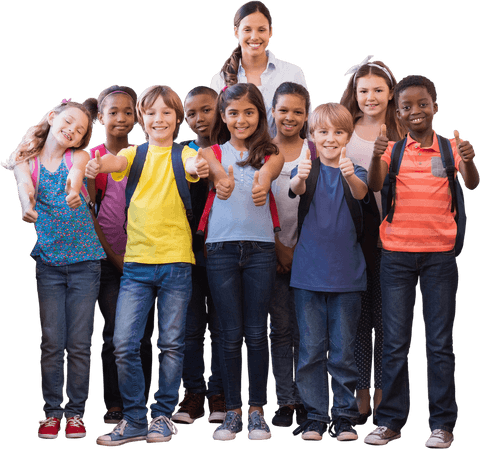 Group of Diverse Elementary Children Giving Thumbs Up, Transparent