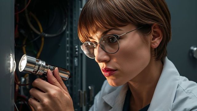 Female technician inspecting server rack with flashlight in data center, close-up portrait