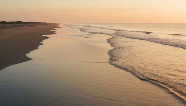 Pastel sunrise coastline with reflective wet sand and gentle waves on empty beach