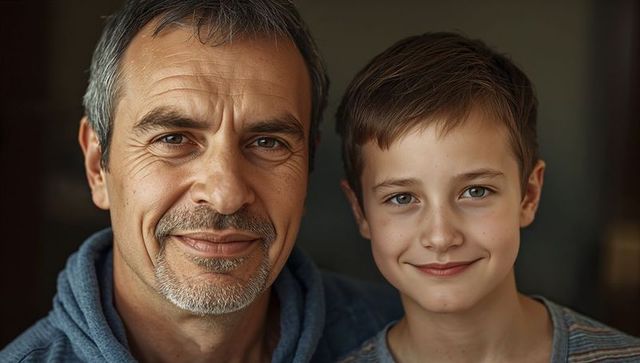 Smiling father and son closeup portrait showing warm bond and multigenerational connection